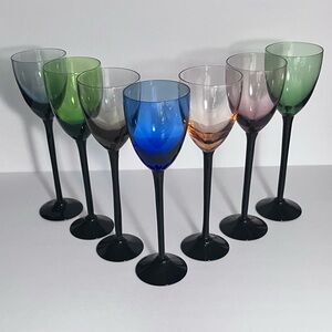 7 MCM Port Wine TALL GLASSES / Multicolor With BURGUNDY BLACK Stems / BEAUTIFUL